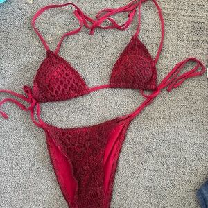 with jean red crochet bikini